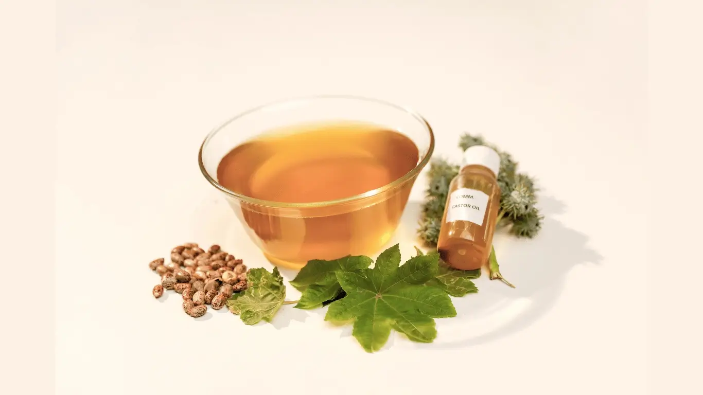 commercial grade castor oil in bottle and bowl with seed and leaf